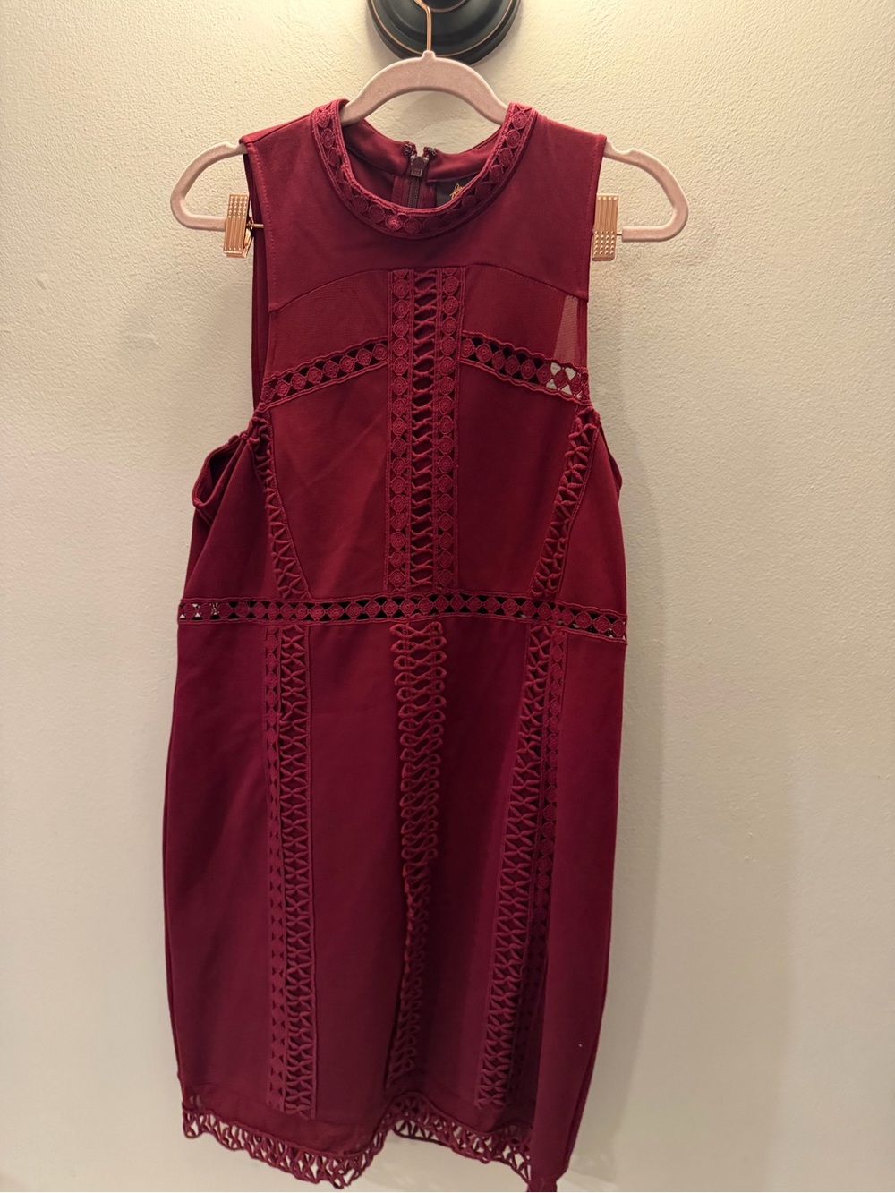 Free People Burgundy Crochet Ladder Lace Sheath Bodycon Mini Dress Womens Size L